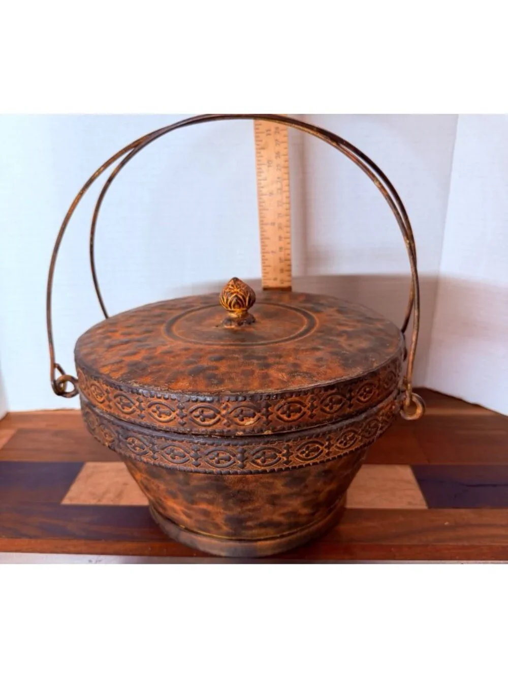 Vintage Asian Tooled Leather & Bamboo Wedding Basket Lidded Keepsake Box with Me
